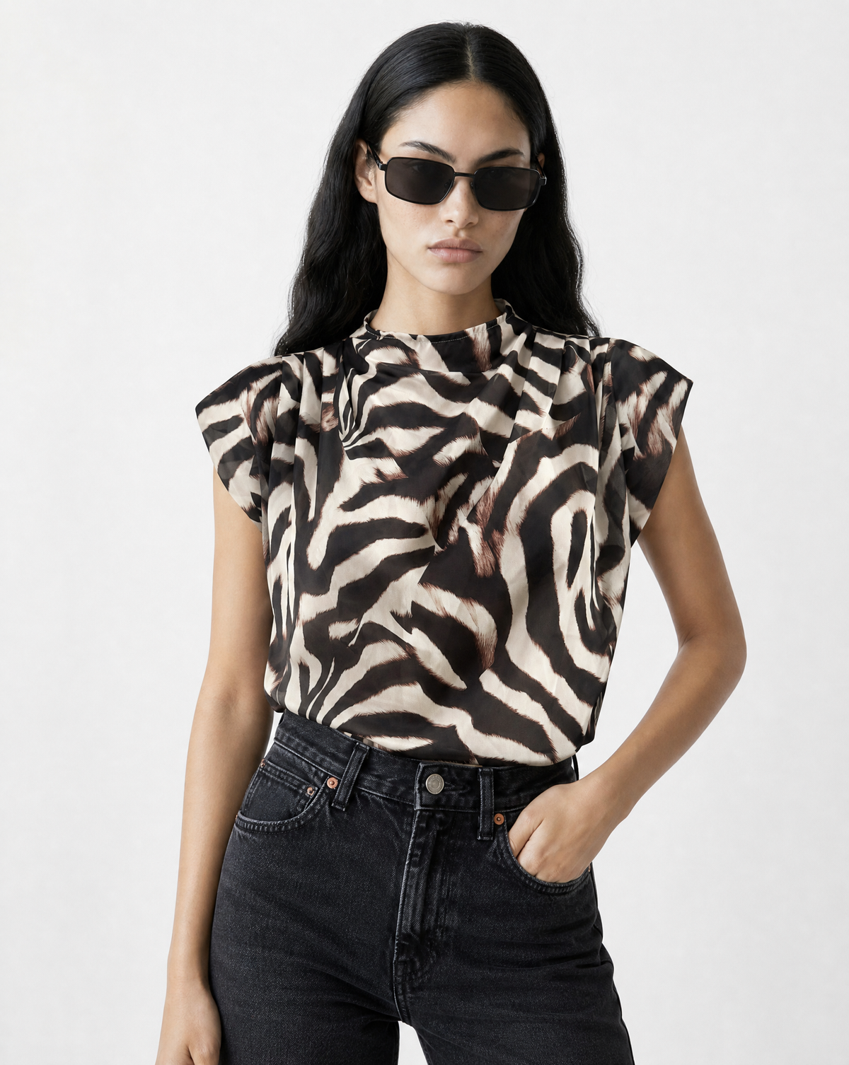 Pleated Mock Neck Blouse